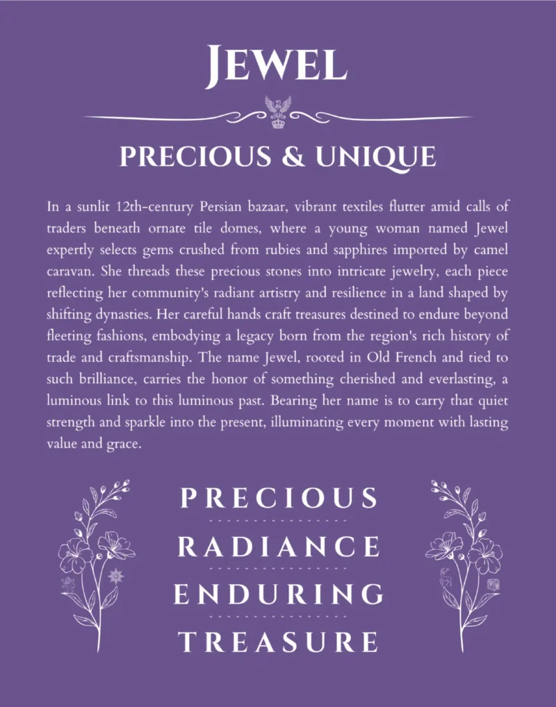 Jewel name history and origin print in purple