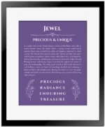 Jewel name history and origin print in purple with black matte frame