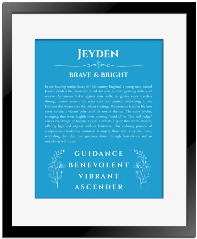 Jeyden name meaning gift print in blue with black matte frame