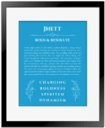Jhett personalized name meaning print in blue with black matte frame