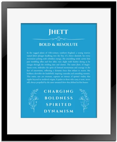 Jhett personalized name meaning print in blue with black matte frame