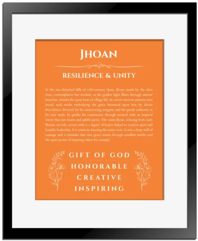 Jhoan custom name print for wall display in orange with black matte frame
