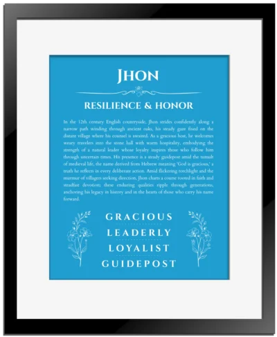 Jhon personalized name print with origin and traits in blue with black matte frame