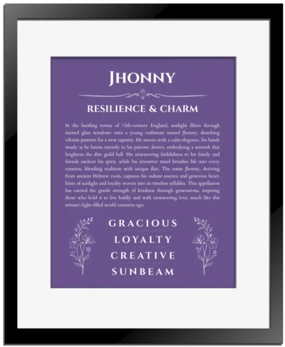Jhonny custom name meaning print in purple with black matte frame