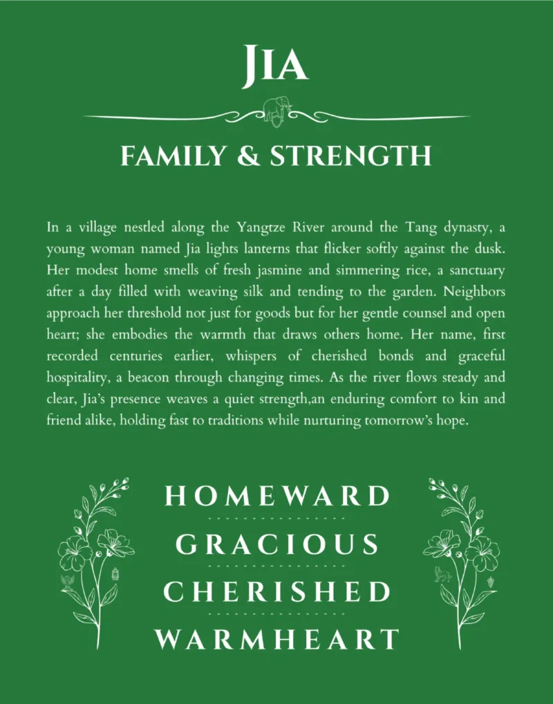 Jia personalized name print with origin and traits in dark green