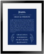 Jiana personalized wall art with the story of your name in deep blue with black matte frame
