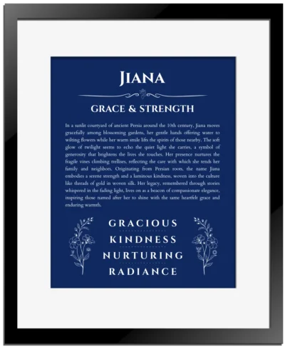 Jiana personalized wall art with the story of your name in deep blue with black matte frame