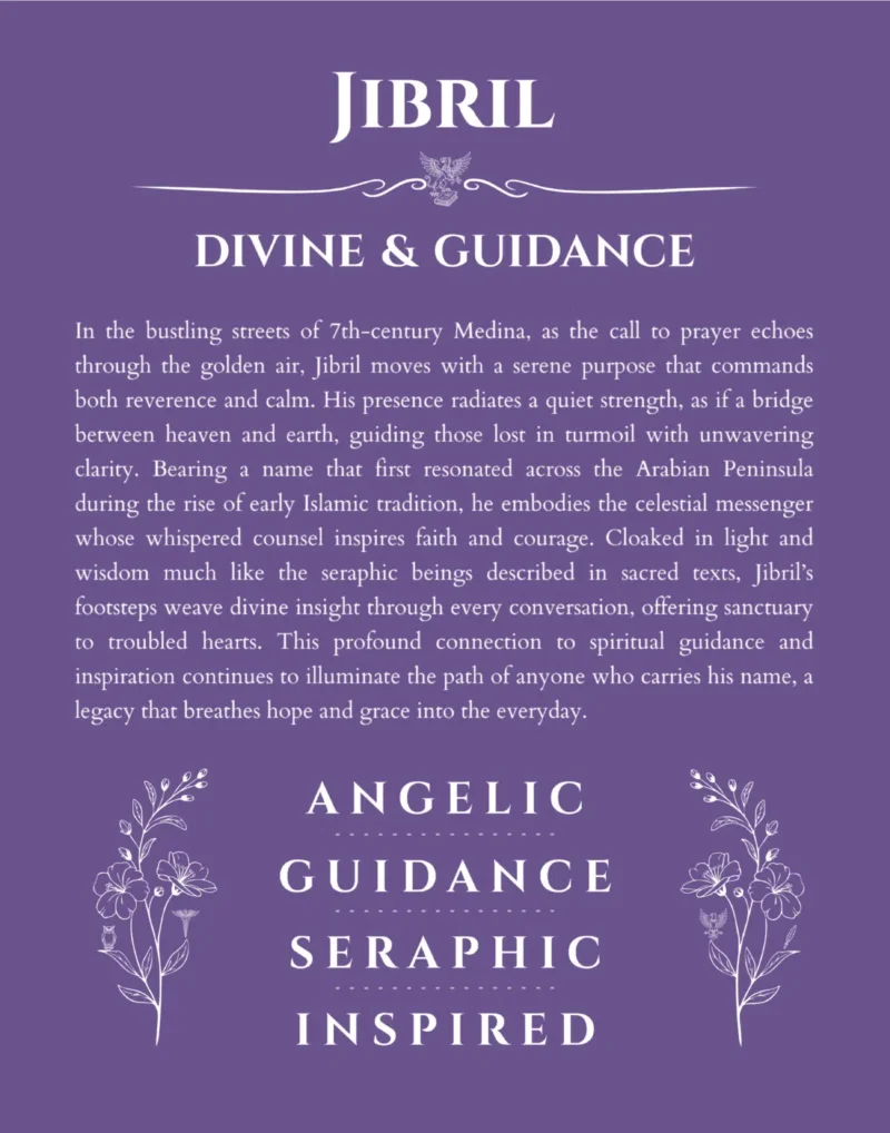 Jibril name origin print with meaning and traits in purple