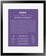 Jibril name origin print with meaning and traits in purple with black matte frame