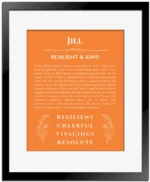 Jill custom name art showing meaning and origin in orange with black matte frame