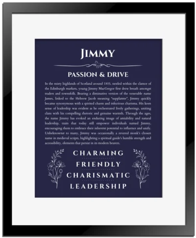 Jimmy custom name print for wall display in navy blue with black matte frame