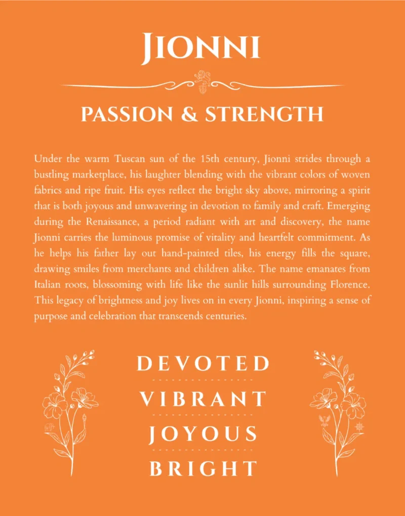 Jionni personalized name art with origin story in orange