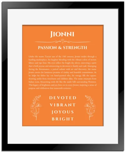 Jionni personalized name art with origin story in orange with black matte frame