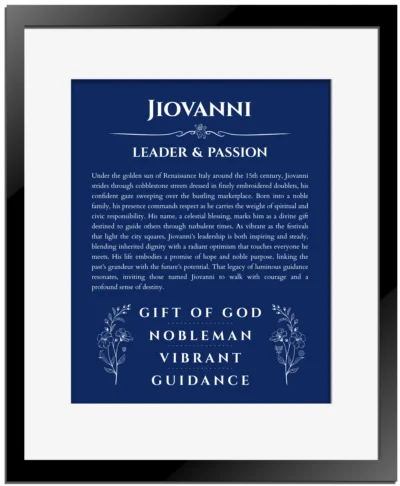 Jiovanni name meaning gift print in deep blue with black matte frame
