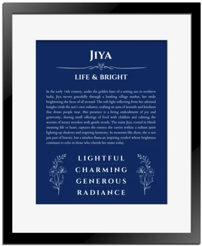 Jiya custom name meaning print in deep blue with black matte frame