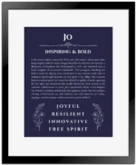 Jo custom name print for wall display in navy blue with black matte frame