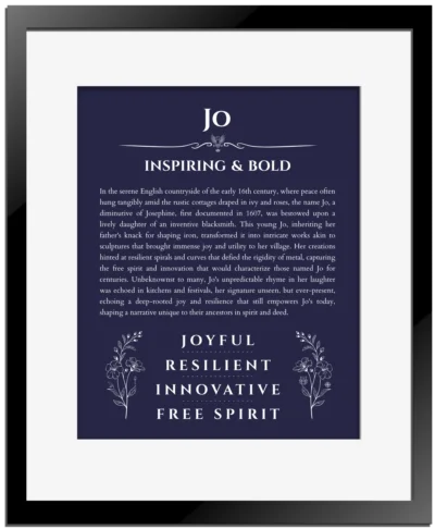 Jo custom name print for wall display in navy blue with black matte frame