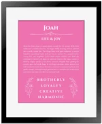 Joah custom name meaning print in pink with black matte frame