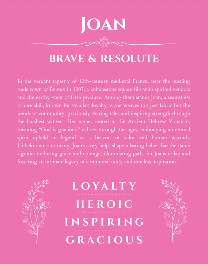 Joan personalized name art with origin story in pink
