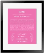 Joan personalized name art with origin story in pink with black matte frame