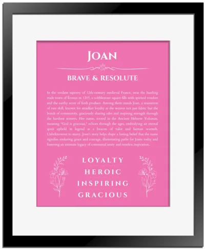 Joan personalized name art with origin story in pink with black matte frame