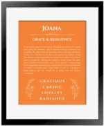 Joana personalized name print with origin and traits in orange with black matte frame