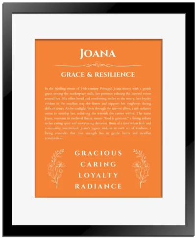 Joana personalized name print with origin and traits in orange with black matte frame