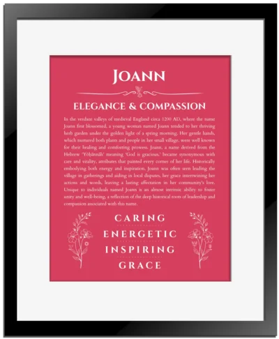 Joann personalized name print with origin and traits in red with black matte frame