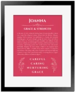 Joanna personalized name print with origin and traits in red with black matte frame