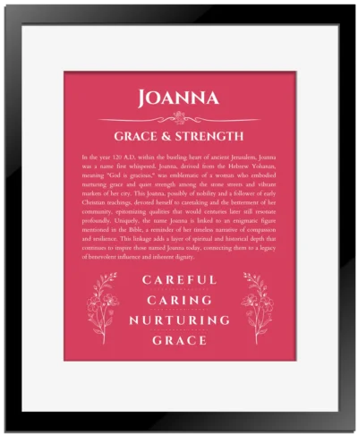 Joanna personalized name print with origin and traits in red with black matte frame