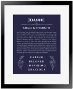 Joanne personalized name meaning print in navy blue with black matte frame