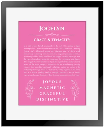 Jocelyn custom name print for wall display in pink with black matte frame