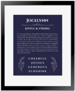 Jocelynn custom name print for wall display in navy blue with black matte frame