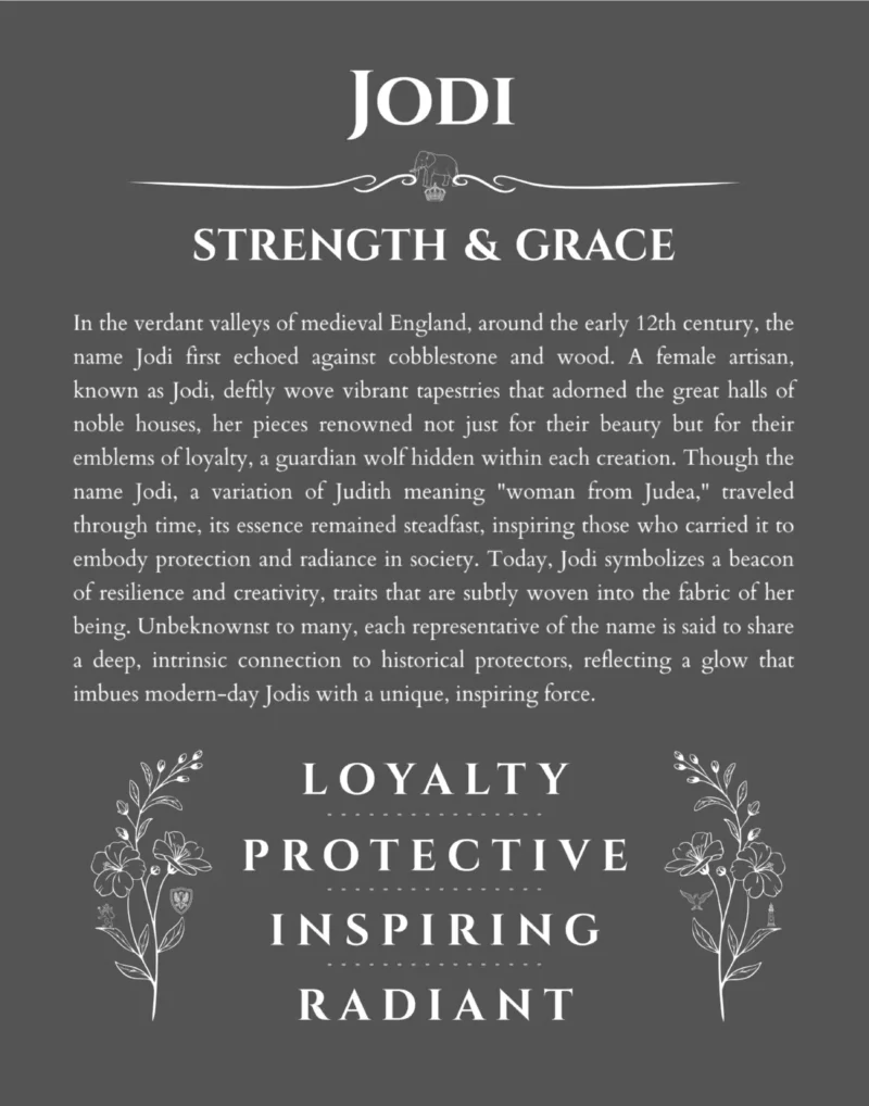 Jodi personalized name print with origin and traits in gray