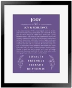 Jody name meaning wall art by Get Your Story in purple with black matte frame