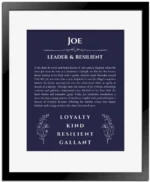 Joe personalized wall art with the story of your name in navy blue with black matte frame