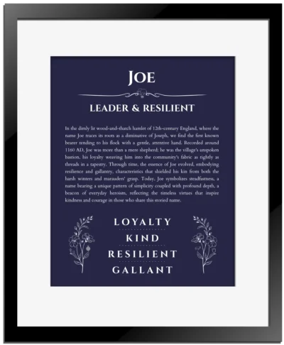 Joe personalized wall art with the story of your name in navy blue with black matte frame