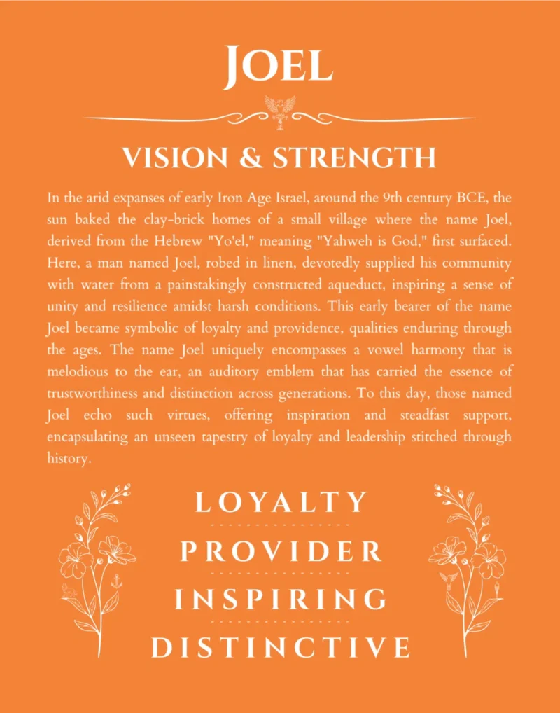 Joel personalized wall art with the story of your name in orange