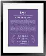 Joey custom name print for wall display in purple with black matte frame