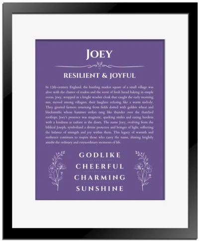 Joey custom name print for wall display in purple with black matte frame