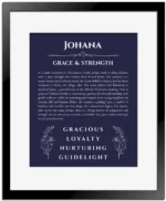 Johana custom name print for wall display in navy blue with black matte frame