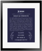 John personalized name art with origin story in navy blue with black matte frame