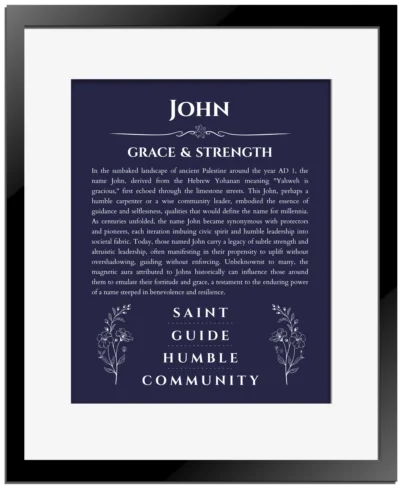 John personalized name art with origin story in navy blue with black matte frame