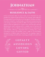 Johnathan name origin print with meaning and traits in pink