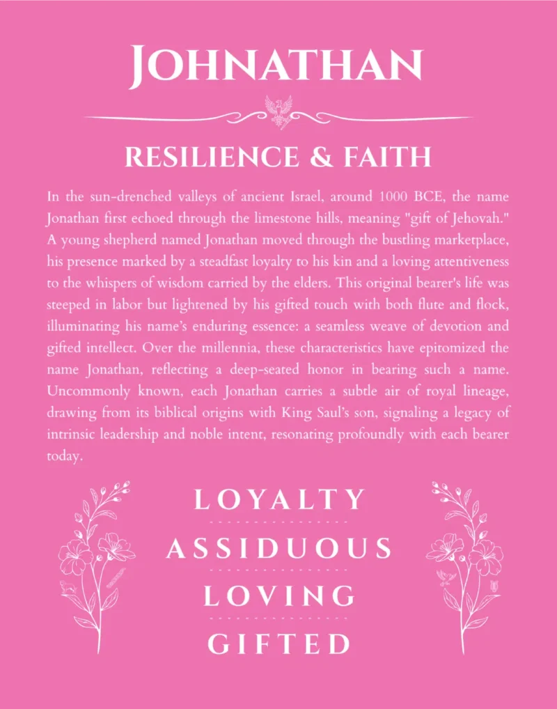 Johnathan name origin print with meaning and traits in pink