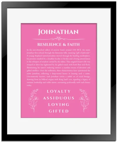 Johnathan name origin print with meaning and traits in pink with black matte frame
