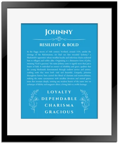 Johnny custom name art showing meaning and origin in blue with black matte frame