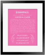 Johnpaul personalized name meaning print in pink with black matte frame