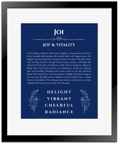 Joi custom name meaning print in deep blue with black matte frame