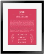 Joie personalized name meaning print in red with black matte frame